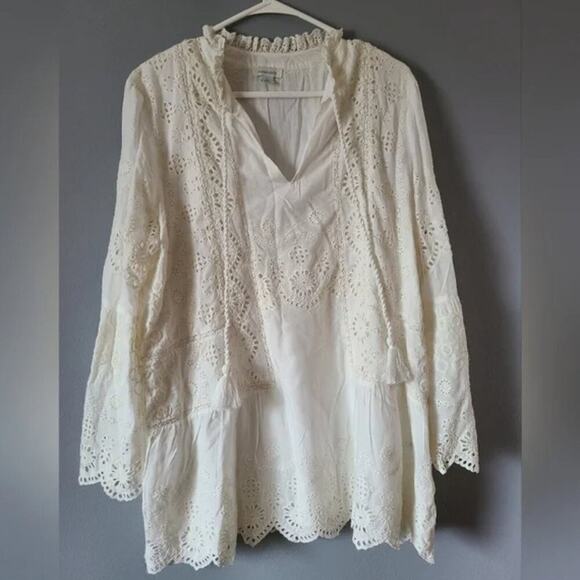 Sundance Lisette Boho Eyelet Lace Tunic Top w Tassels Sz Small Cotton Blouse - Picture 2 of 5